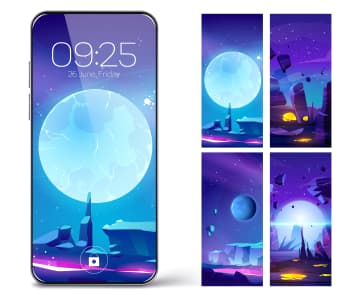 A mockup of a mobile phone and four screens with screensavers